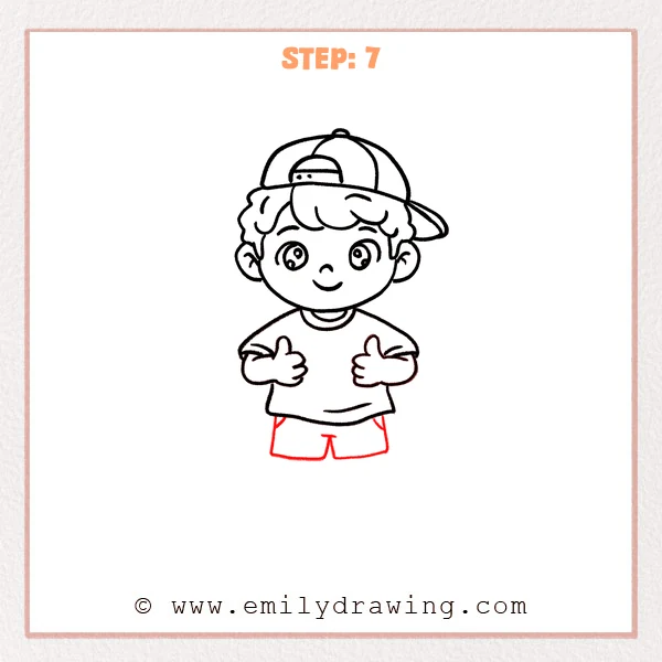 how to draw a cartoon boy - Cartoon boy with backward cap and two thumbs up, now with simple shorts added beneath the shirt.